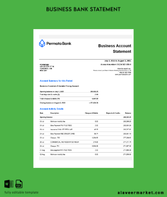 Banka organization checking account Hesap Özeti Word and PDF format