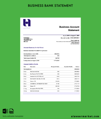 Persian Banka Saderat Persian firm account Hesap Özeti Word and PDF Şablon