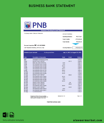 Philippine National Banka İşletme Hesap Özeti Word and PDF Şablon