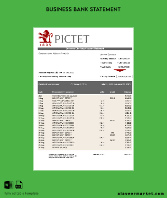 Pictet Banka firm account Hesap Özeti Word and PDF Şablon