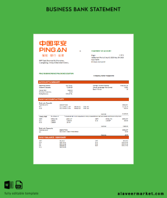 Ping An Banka firm checking account Hesap Özeti Word and PDF Şablon