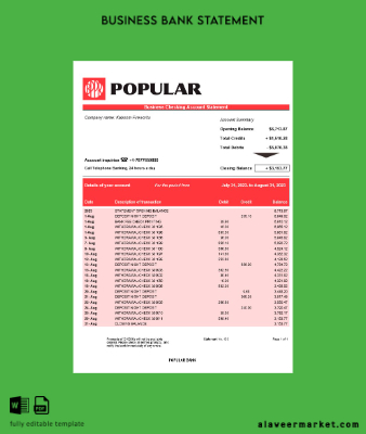 Popular Banka firm account Hesap Özeti Word and PDF Şablon