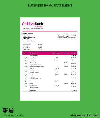 Portekiz Banka Şirket checking account Hesap Özeti Word and PDF Şablon