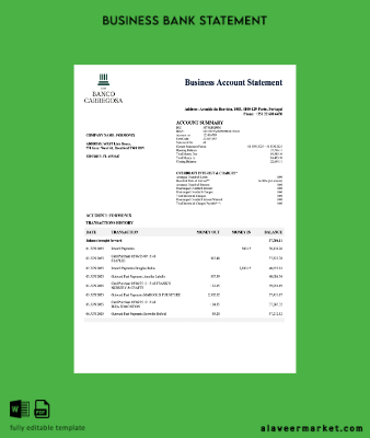 Portuguese Banco Carregosa enterprise Hesap Özeti Word and PDF format