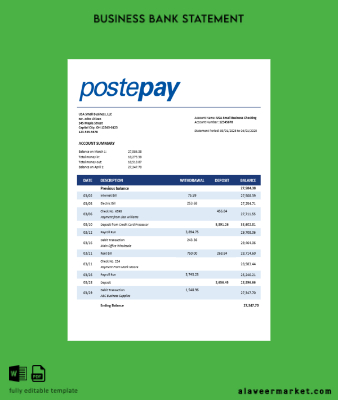 Postepay Evolution (Poste Italiane) enterprise Hesap Özeti Word and PDF format