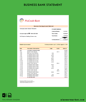 Kredi organization checking account Hesap Özeti Word and PDF format