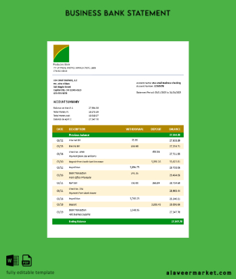Producers Banka İşletme Banka Hesap Özeti Word and PDF format