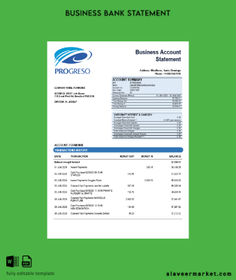 Progreso İşletme account Hesap Özeti Word and PDF Şablon