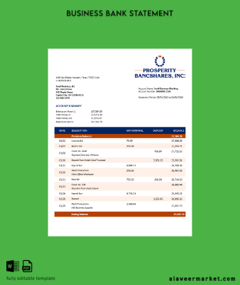 Prosperity Bancshares Inc Şirket checking account Hesap Özeti Word and PDF Şablon