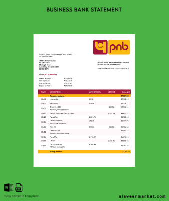 Punjab National Banka İşletme Hesap Özeti Word and PDF Şablon