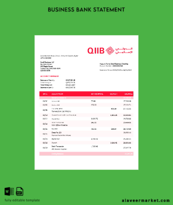 QIIB firm account Hesap Özeti Word and PDF Şablon