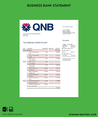 QNB Banka Şirket account Hesap Özeti Word and PDF Şablon