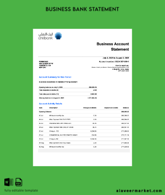 Katar Banka İşletme firm Hesap Özeti Word and PDF format