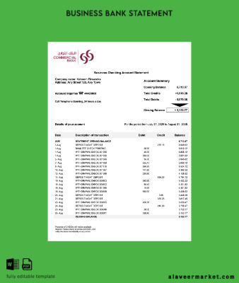 Katar Commercial İşletme account Hesap Özeti Word and PDF Şablon