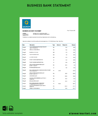 Qazkom Banka enterprise account Hesap Özeti Word and PDF Şablon