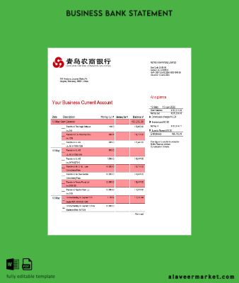 Qingdao Rural Commercial Banka organization account Hesap Özeti Word and PDF Şablon