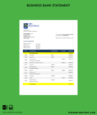 RBC Royal Banka enterprise checking account Hesap Özeti Word and PDF Şablon