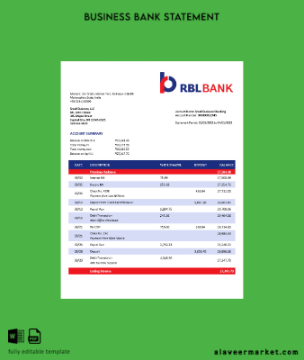 RBL Banka enterprise account Hesap Özeti Word and PDF Şablon