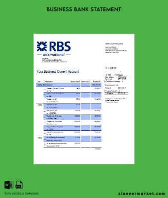 RBS Banka İşletme checking account Hesap Özeti Word and PDF Şablon