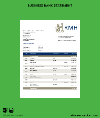 Rand Merchant Banka enterprise account Hesap Özeti Word and PDF Şablon