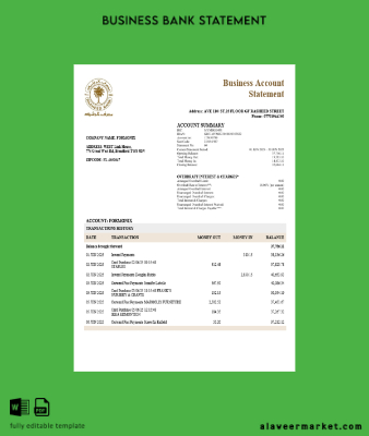 Rasheed Şirket checking account Hesap Özeti Word and PDF Şablon