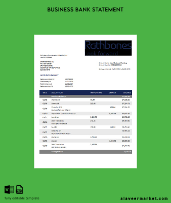 Rathbones Banka Şirket account Hesap Özeti Word and PDF Şablon