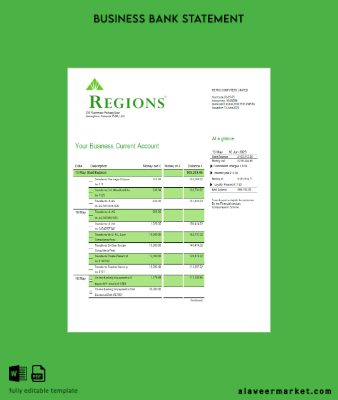 Regions Financial Corporation Şirket checking account Hesap Özeti Word and PDF Şablon