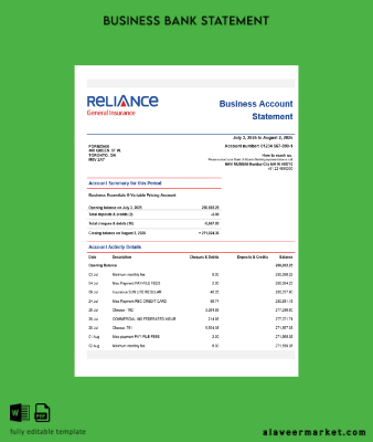 Reliance General Sigorta Şirket Limited organization checking account Hesap Özeti Word and PDF format