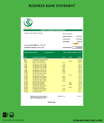 Resona Banka Şirket checking account Hesap Özeti Word and PDF Şablon