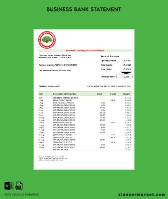 Rupali Şirket checking account Hesap Özeti Word and PDF Şablon