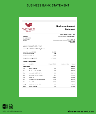 Rusya Kredi Banka of Moscow organization checking account Hesap Özeti Word and PDF Şablon
