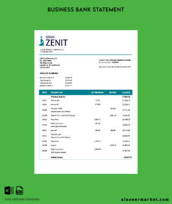 Rusya Zenit Şirket checking account Hesap Özeti Word and PDF Şablon