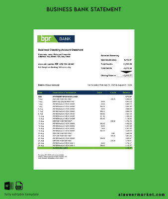 Rwanda BPR Şirket checking account Hesap Özeti Word and PDF Şablon