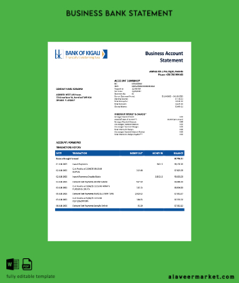 Rwanda Banka of Kigali organization checking account Hesap Özeti Word and PDF Şablon