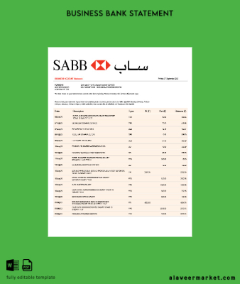 SABB Banka Şirket Hesap Özeti Word and PDF Şablon