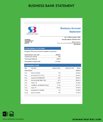 SB Banka İşletme account Hesap Özeti Word and PDF Şablon
