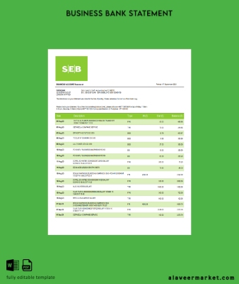 SEB Banka Şirket Hesap Özeti Word and PDF Şablon