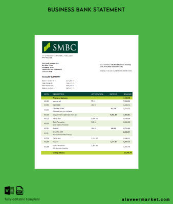 SMBC Banka firm account Hesap Özeti Word and PDF Şablon