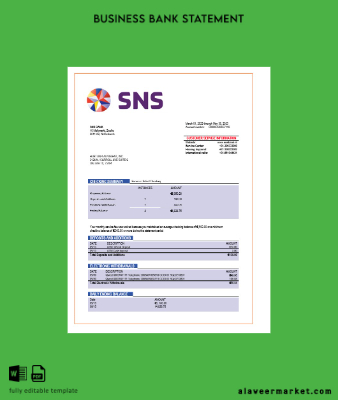 SNS Banka enterprise account Hesap Özeti Word and PDF Şablon
