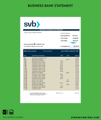 SVB Banka firm Hesap Özeti Word and PDF Şablon