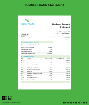 Sagicor Banka Şirket checking account Hesap Özeti Word and PDF Şablon