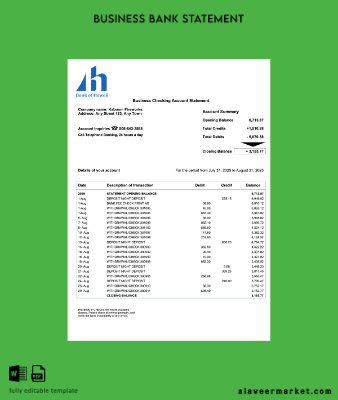 Samoa Banka of Hawaii İşletme account Hesap Özeti Word and PDF Şablon