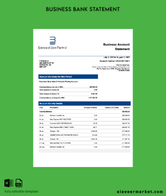 San Marino Banca di San Marino Şirket Hesap Özeti Word and PDF Şablon