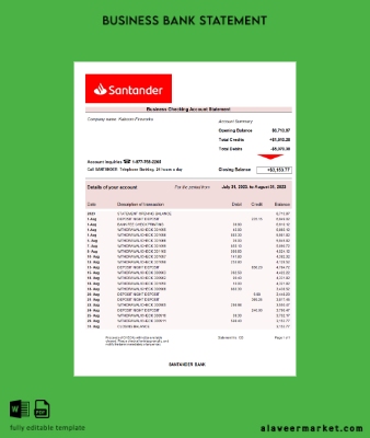 Santander Banka Şirket account Hesap Özeti Word and PDF Şablon