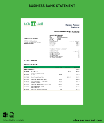 Suudi Arabistan Arabia NCB İşletme account Hesap Özeti Word and PDF Şablon