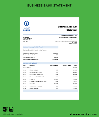 Suudi Arabistan Arabia Samba firm account Hesap Özeti Word and PDF Şablon