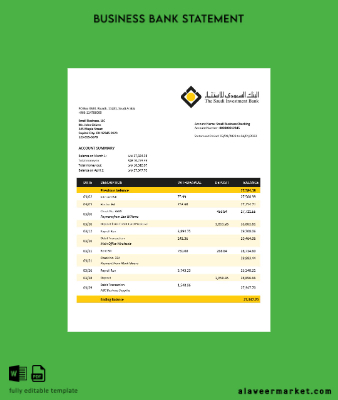 Suudi Arabistan Investment Banka İşletme checking account Hesap Özeti Word and PDF Şablon