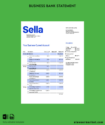 Sella Banka İşletme checking account Hesap Özeti Word and PDF Şablon
