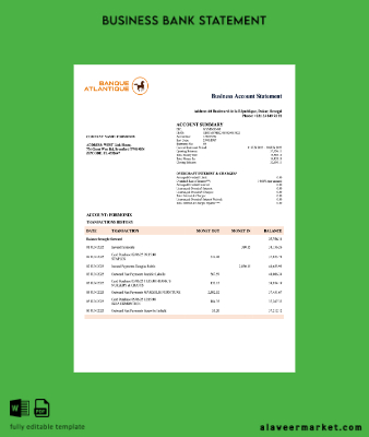Senegal Banque Atlantique Şirket checking account Hesap Özeti Word and PDF Şablon