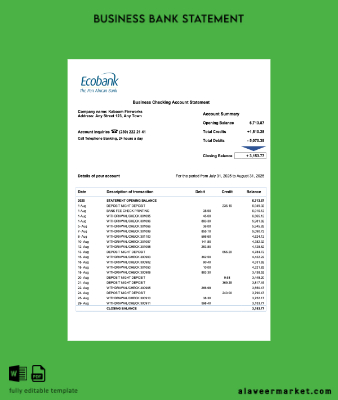 Senegal Banka enterprise account Hesap Özeti Word and PDF Şablon
